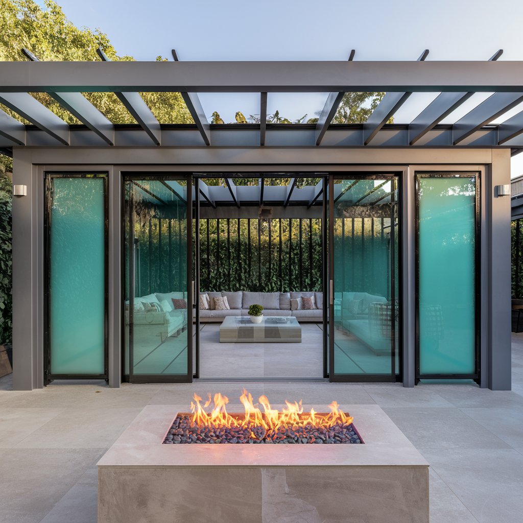 louvered pergola with glass door